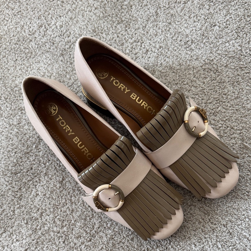 Tory Burch Pink and Brown Fringe Loafers